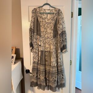 Anthropologie Black and Cream Patterned Long Sleeve Dress